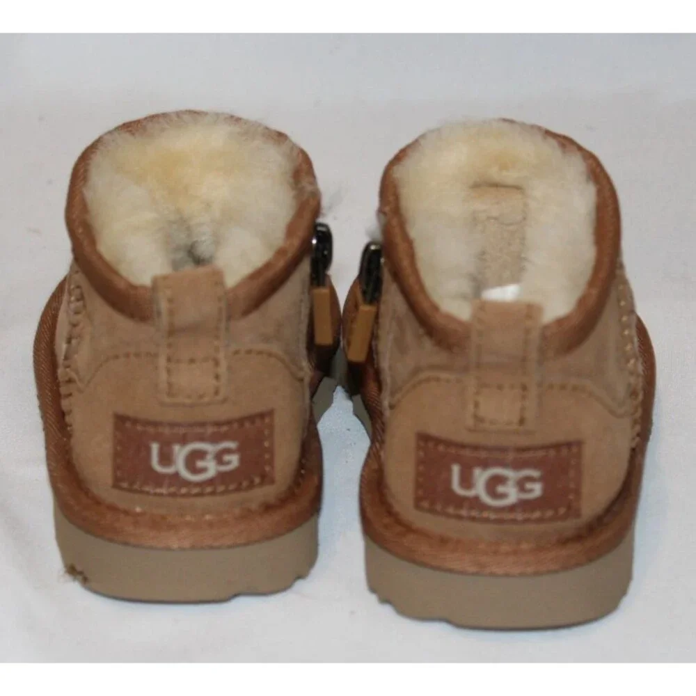 NIB UGG TODDLER‎ ULTRA MINI ZIP SUEDE SHEARLING LINED BOOTS CHESTNUT SZ 8